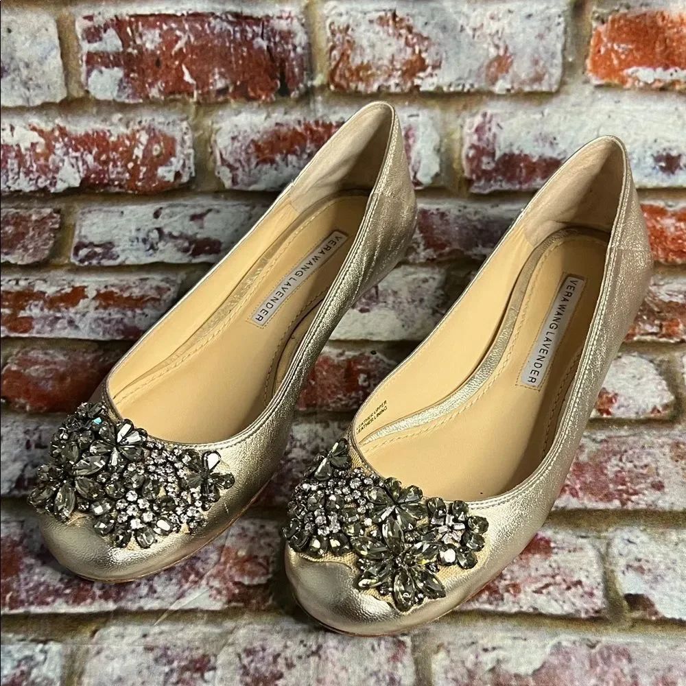 Vera Wang Lavender Lisa gold leather floral crystal ballet flats